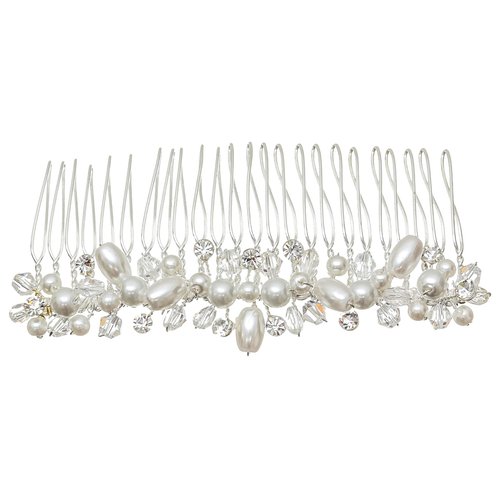 SAMKY Handmade Faux Pearl Crystal Beads Bridal Wedding Tiara Hair Comb - Silver Plated FC043