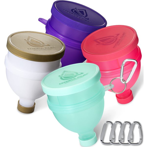 Hydra Cup [4 Pack Funnels for Filling Water Bottles with Protein Powder, 3 Compartment Pill Storage, Supplement Container Set to Go or Kitchen Use, Keychain for Shaker Cup