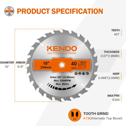 KENDO 1-Pack 10 Inch 40T Carbide-Tipped Circular Saw Blade with 5/8 Inch Arbor, Professional ATB Finishing Woodworking Miter/Table Saw Blades for Plywood, Laminate, Ripping Wood