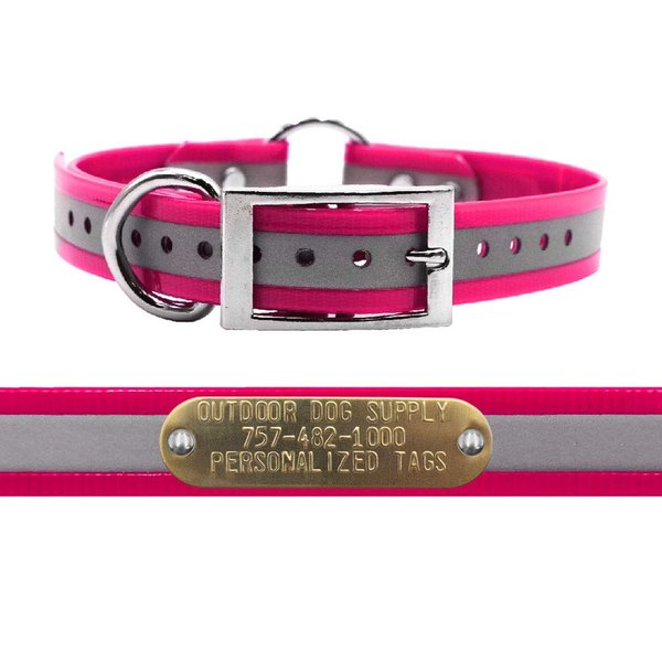 Outdoor Dog Supply's 1" Wide Reflective Ring in Center Dog Collar Strap with Custom Brass Name Plate (18" Long, Reflective Pink)