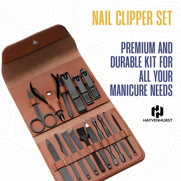 Nail Kit - Nail Clipper Set - Manicure Set -16 Stainless Steel Pieces Manicure Kit For Men’s - Pedicure Kit For Men - Mens Grooming Kit With Brown Leather portable Case by Hayvenhurst