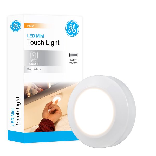 GE LED Mini Touch Light, 1 Pack, Battery Operated, Tap Light, Push Light, Stick On Lights, Wireless Lights, Portable, Under Cabinet Lighting, Ideal for Kitchen Under Cabinet, Closet, and More, 55219 , White