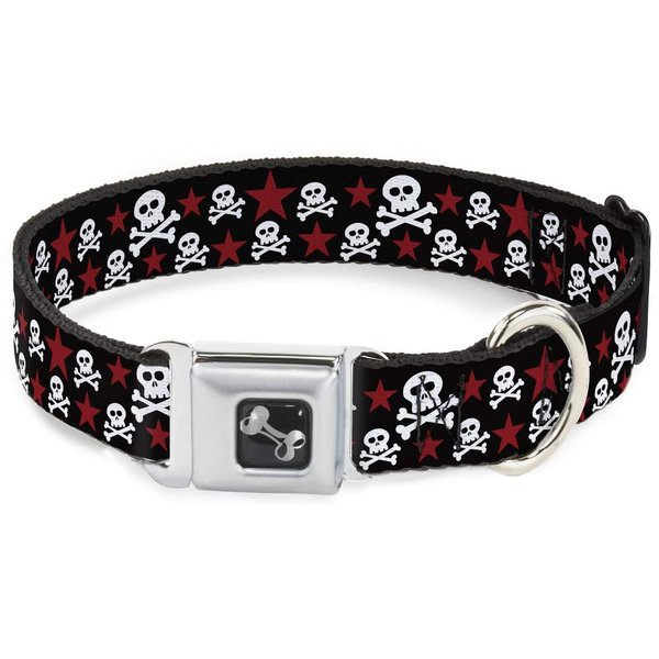 Buckle-Down Seatbelt Buckle Dog Collar - Skulls & Stars Black/White/Red - 1.5" Wide - Fits 16-23" Neck - Medium