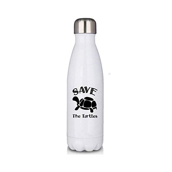 Premium White 17oz Double Walled Insulated Cola-Shaped Stainless Water Bottle/Save The Turtles