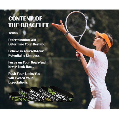 Tennis Silicone Wristbands Birthday Party Black Inspirational Silicone Wristbands, Tennis with Motivational Sports Quotes, Unisex Tennis Party Gifts Jewelry Accessories for Boys | Girls (12 Pieces)