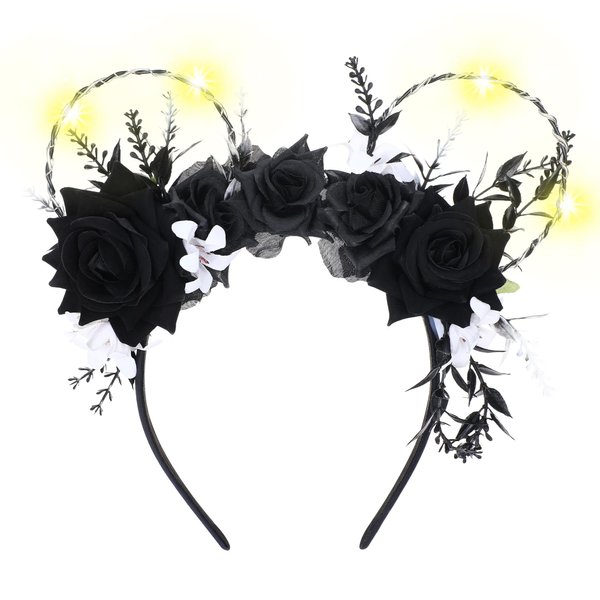 VISSTREE Handmade LED Light Up Mouses Ears for Park - Black Flower Mouses Ears Headband for Themed Wedding and Amusement Park Halloween Costume Birthday Hair Accessories