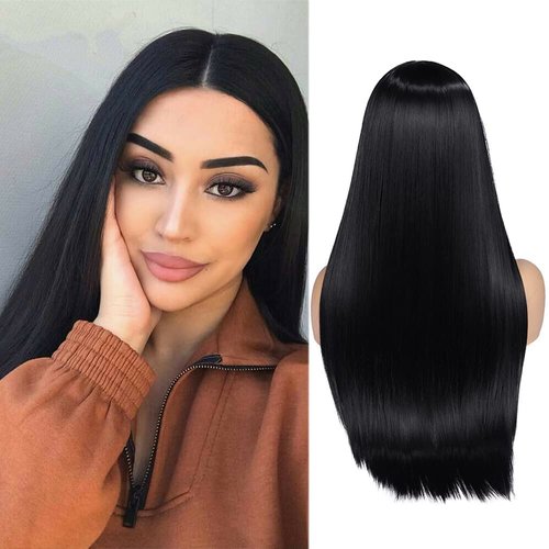 WIGER Long Black Wigs Straight Black Hair Dye Wig for Women Middle Part Synthetic Heat Resistant Natural Hair for Party or Halloween Costume Full Black Wigs for Girls (1B)