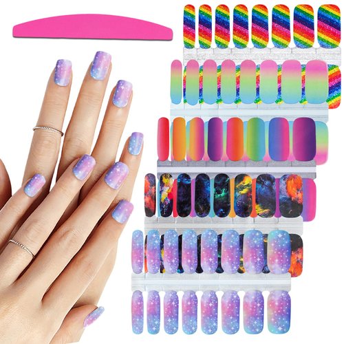 SILPECWEE 5 Sheets Rainbow Nail Wraps Nail Polish Stickers Self Adhesive Nail Polish Strips Gel Nail Strips Ombre Nail Design Fingernail Manicure Sticker Nails for Women with 1pc Nail File