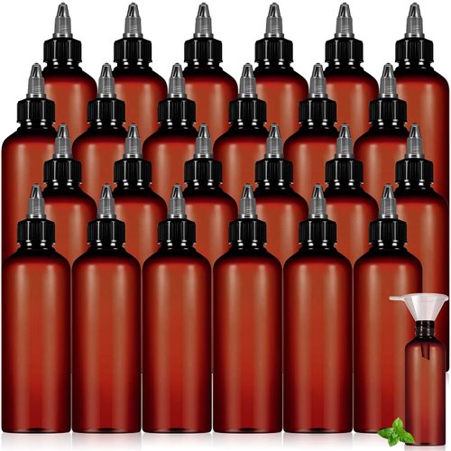 Barydat 24 Pcs Squeeze Bottle Twist Top Applicator Bottles Empty Hair Oiling Bottle with 4 Funnels Refillable Plastic Liquid Containers Plastic Bottles for Liquid Hair Oil Shampoo Lotion (Amber,3 oz)