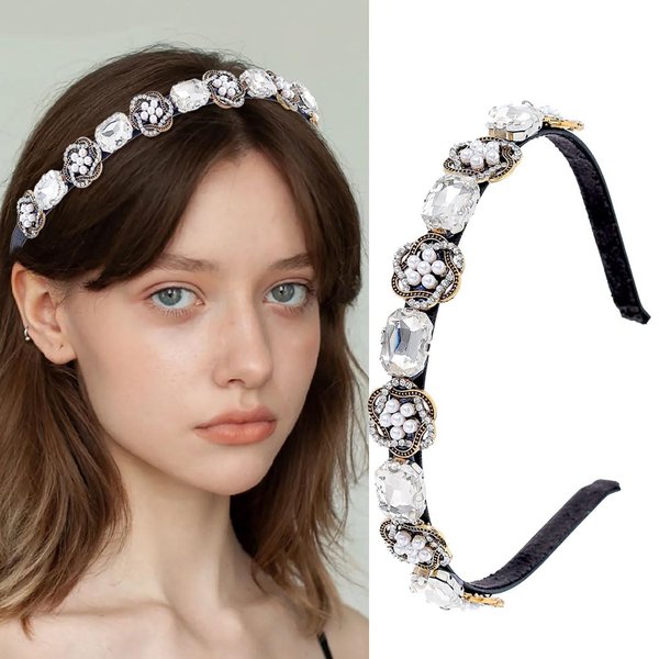 Fdesigner Baroque Rhinestones Headband Silver Pearl Crystal Hairband Vintage Thin Headbands for Women Party Headpiece (Silver)