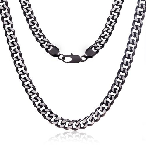 CARITATE Two Tone Silver/Black-Blue Chain Necklaces For Men and Women, 6mm 10mm Hypoallergenic Stainless Steel Cuban Link Chain For Boys Girls, Mens Thick Diamond Cut Black Necklace Jewelry Gifts