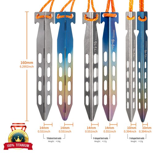 TiTo 6 Pack Titanium Tent Stakes 10X10X160mm V-Shaped Windproof Tent Nail Pegs with Carrying Pouch for Camping, Hiking, Gardening and Canopy (Colorful,10X160mm)