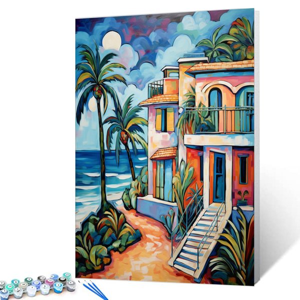 Graffitic Building DIY Paint by Numbers for Adults Seascape Coconut Trees DIY Oil Painting Acrylic Paint Seaside House Painting Kits Canvas Pop Art Bedroom Decor 16x20 Inch Boho Gift（DIY Frame ）