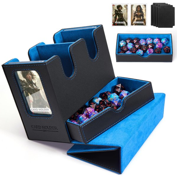DaluRunhe Mtg deck box for Commander Deck Box with Dice Tray Fits 230 Cards, 4 in 1 for Magic TCG CCG Deck Card Boxes Case Storage, Includes 4 Dividers & 2 Toploaders Trading Deck Box,Black/Blue