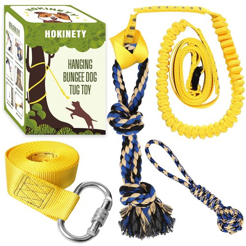 HOKINETY Dog Hanging Bungee Tug Toy: Interactive Tether Tug-of-War for Pitbull Small to Large Dogs to Exercise and Fun Solo Play - Durable Retractable Tugger Dog Rope Toy with 2 Chew Rope Toys
