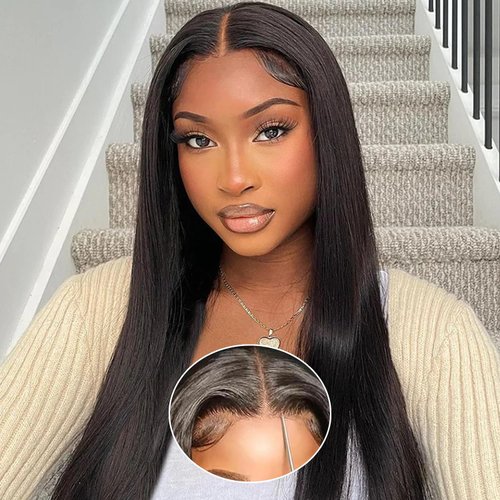 Hechirun Wear and Go Glueless Wig Human Hair Pre Plucked Pre Cut 13x4 Hd Transparent Straight Lace Front Wigs Human Hair 200% Density(28 Inch, Natural Color 100% Human Hair)