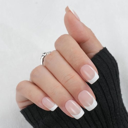 French Tip Press on Nails Short, Jofay Fashion Soft Gel Fake Nails, Classic French Manicure Nails, Reusable & Natural Acrylic False Nails, Stick on Nails for Women Girls Gift, Glue on Nails Kit 24pcs