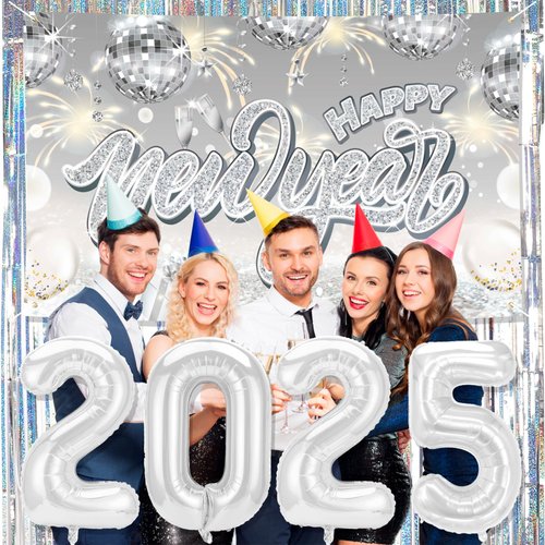 HOWAF New Years Decorations 2025 Happy New Year Decorations, Silver New Years Backdrop 2025 Happy New Year Banner Foil Fringe Curtains Tnsel Backdrop 2025 Balloons for NYE Decorations 2025