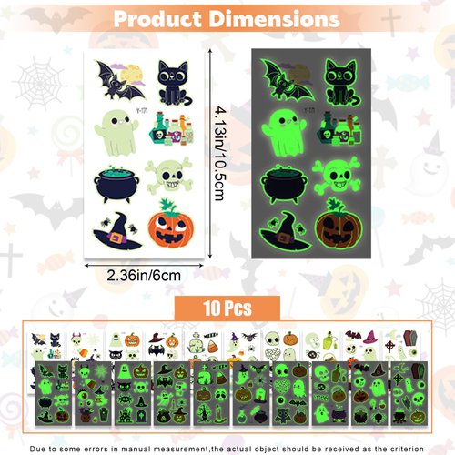 10 Sheets Halloween Luminous Temporary Tattoos, Glow in the Dark Halloween Tattoos for Kids,Waterproof Fake Face Tattos Stickers for Halloween Party Favors,Trick or Treat Goodie Bags Fillers (Orange)