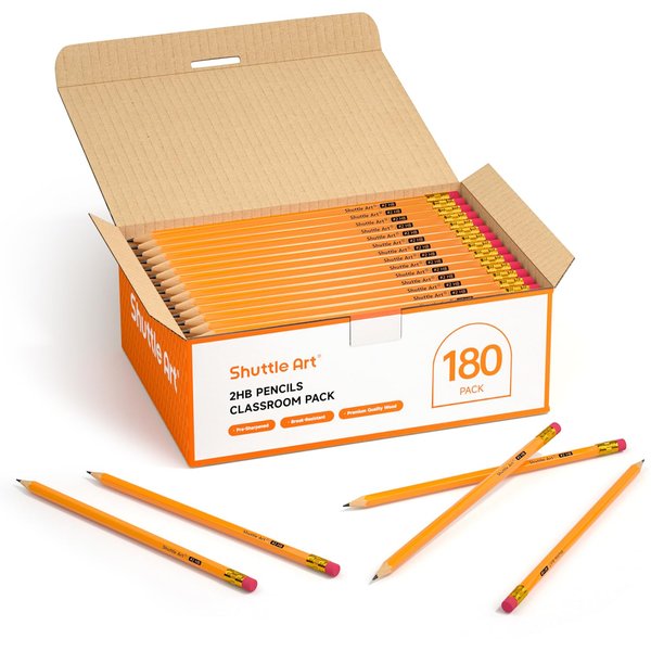 Shuttle Art Wood-Cased #2 HB Pencils, 180 Pack Sharpened Yellow Pencils with Erasers, Bulk Pack Graphite Pencils for School and Teacher Supplies, Writing, Drawing and Sketching