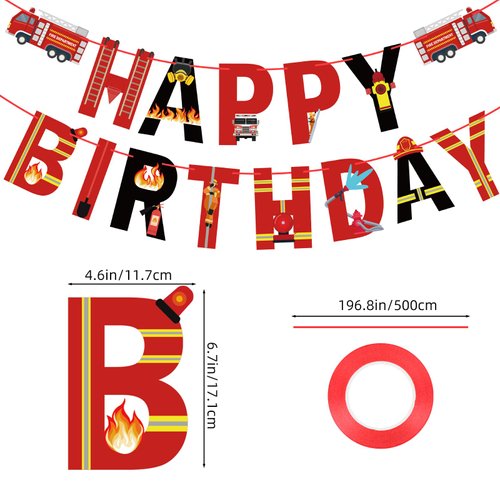 Fire Truck Happy Birthday Banner for Fire Engine Rescue Birthday Party Sign Firetruck Birthday Party Supplies Firefighter Birthday Party Decorations for kids Boys Red