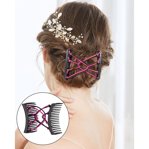 4 Pieces Magic Hair Combs for Women Accessories, Stretchy Double Comb Hair Clip Adjustable Elastic Hair Comb for Thick Curly Thin Hair, Adjustable Magic Hair Clip Combs (Blue, Coffee, Red, Rose Red)