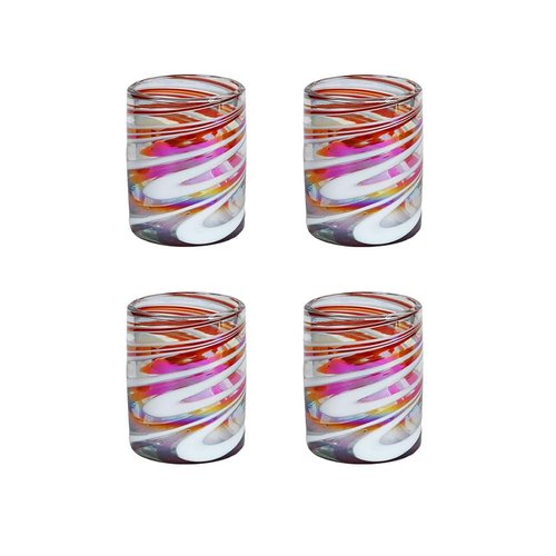Double Old Fashion, Red Swirl, Set of 4, 12 oz, Hand Blown by Mexican Artisans from 100% Recycled Cola Bottles, Eco-Friendly, Sustainable, Expert Craftsmanship, passed through Family Generations