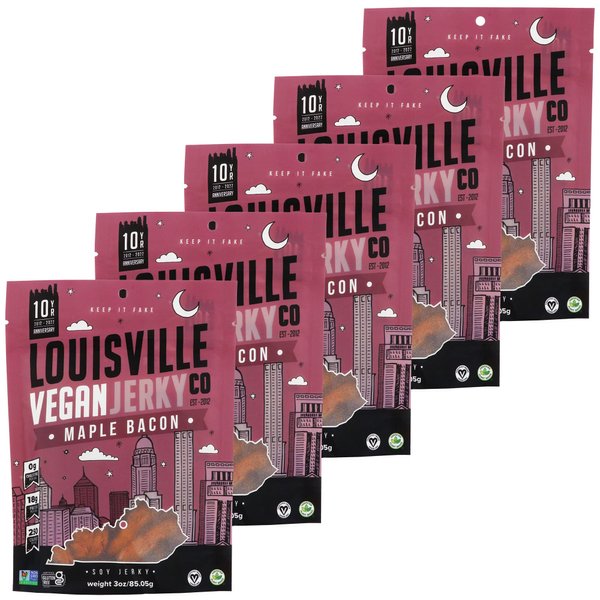 Louisville Vegan Jerky - Maple Bacon, Vegetarian and Vegan Friendly Jerky, 21 Grams of Non-GMO Soy Protein, Gluten-Free Ingredients (Pack of 5, 3 Ounces)