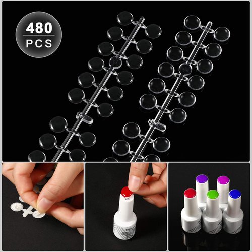 480 Tips Round False Nail Display Tips Nail Color Display Chart Nail Display Card Sticks with Adhesive Sticker for Colorful Nail Polish DIY Training Practicing Displaying (Transparent)