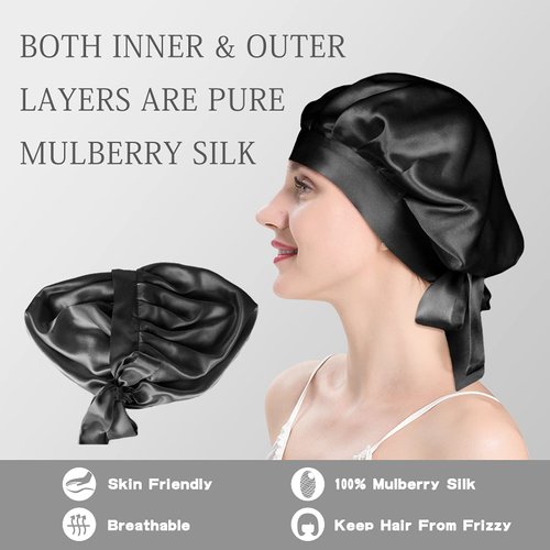 OLESILK Silk Bonnet Silk Hair Wrap for Sleeping Bonnet for Women, Double Layer Reversible Adjustable Hair Wrap for Curly Frizzy Hair, Black