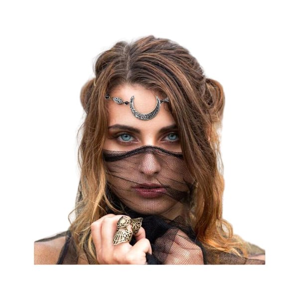 Aimimier Boho Moon Head Chain Viking Crystal Crescent Moon Forehead Chain Halloween Circlet Headband Prom Party Festival Hair Accessories for Women(Retro silver)