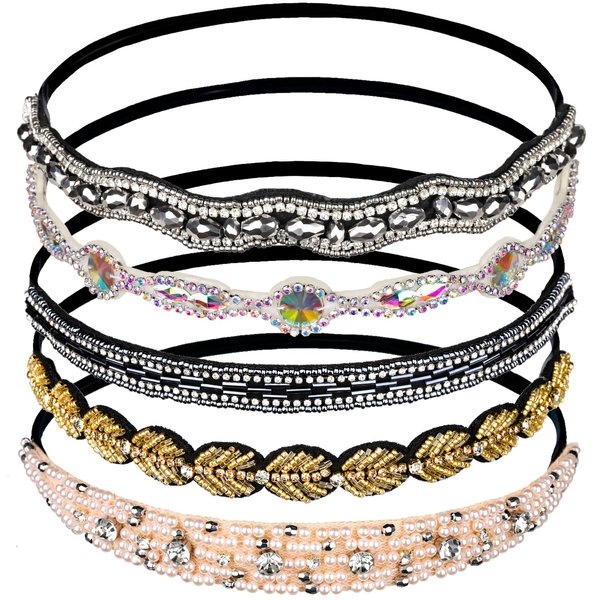 Teenitor 5pcs Rhinestone Beaded Headbands, No Slip Jeweled Head Wraps Women Girls Hair Headbands