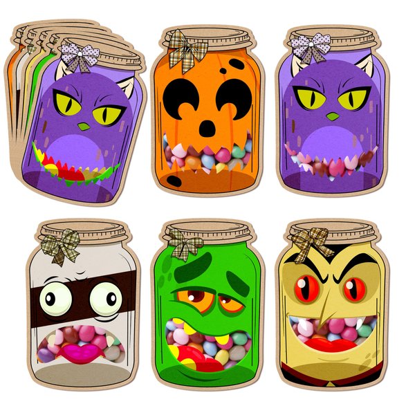 Halloween Party Favors for Kids-50 Pack Mason Jars Shape with Candy Bags, 5 Design Halloween Cards for Trunk or Treat Party Gift, Halloween Cardstock Fall Crafts for Kids Halloween Craft Supplies