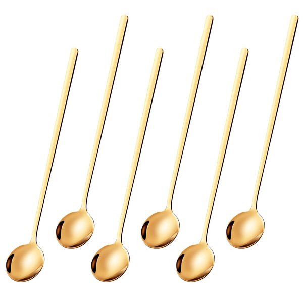 6 Pcs 6.7 Inches Coffee Spoons, Teaspoons, Long Handle Iced Tea Spoon, Espresso Spoons, Gold Spoons, Dessert Spoons, Food Grade Stainless Steel Stirring Spoons for Coffee Bar Accessories