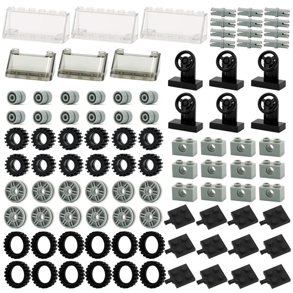 Wheels and Axles Sets Tires, 102 Car Parts and Pieces, Windshield Steering Wheel Chassis Bricks Educational Toys