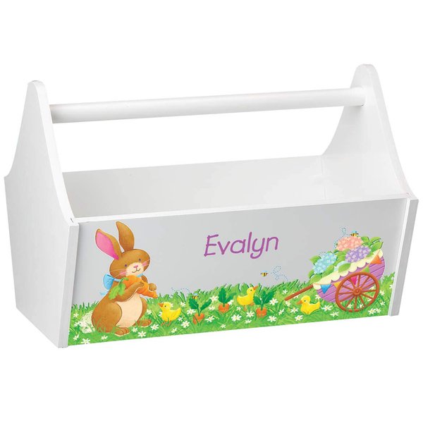 Fox Valley Traders Personalized Kids Easter Toy Caddy, Customized Children’s Wooden Storage Tote with Purple Font, 13” Wide x 9” High