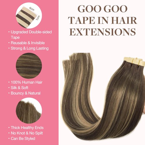 GOO GOO Balayage Chocolate Brown to Honey Blonde 16 Inch 50g 20pcs Human Hair Straight Real Hair Tape in Remy Hair Extensions