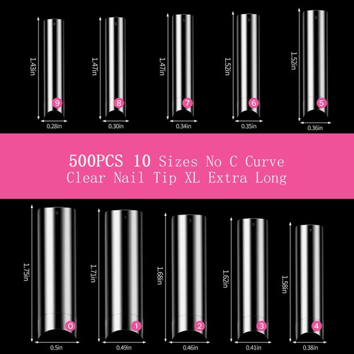 500 Pcs No C Curve Nail Tips XL Long Clear Nail Tips for Acrylic Nails Professional Set,10 Sizes Square Straight Tapered Half Cover Fake Nails Tips Ballerina Coffin French Nail for Salon DIY Nail Art