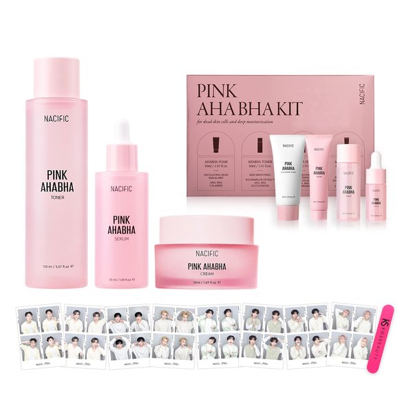 KOSBEAUT Pink AHA BHA 4-Piece Skincare Set, with Stray Kids Photocards 8 PCS Full Set