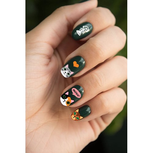 WIRESTER 8 Sheets of Nail Art Stickers Decals, Self-Adhesive Nail Decals for Women Kids Girls Nails Decorations - Cats (Cute Cat Face, Lovely Cat, Cat Paws, Fish Bone, Meow, Heart, Bow Tie)