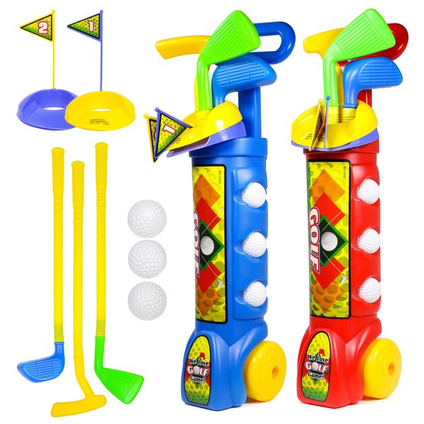 Kidplokio Kids 2pk Sports Toy Golf Clubs with Golf Balls Putter Iron Wedge, Red Blue, Unisex, Ages 3+