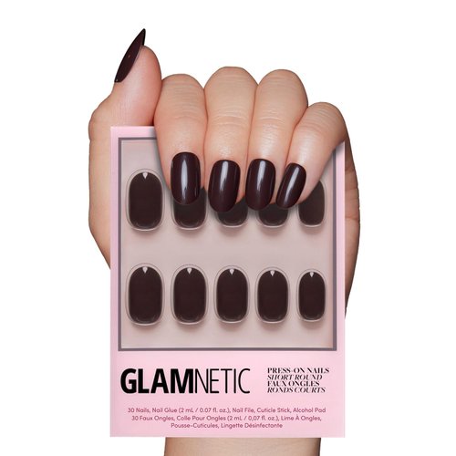 Glamnetic Press On Nails - Bark Brown | Opaque Dark Brown Short Round False Nails, Reusable Stick On Fake Nails with Glue | Salon Quality | 15 Sizes - 30 Nail Kit