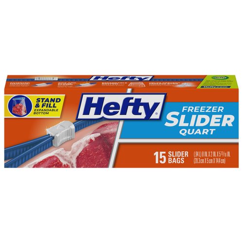 Hefty Slider Freezer Kitchen Storage Bags, Quart Size, 15 Count Blue