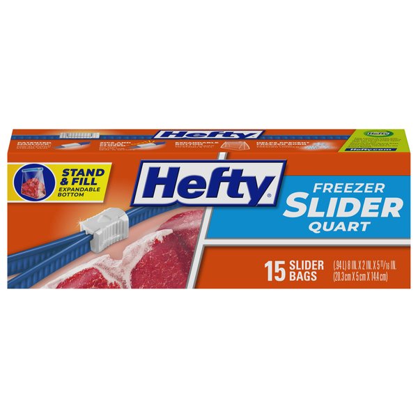 Hefty Slider Freezer Kitchen Storage Bags, Quart Size, 15 Count Blue