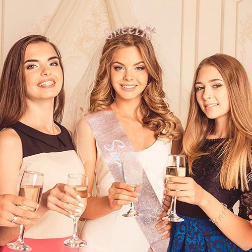 SuPoo 16th Birthday Crown and Sash Rose Gold Sweet 16 Tiara Headband 16th Birthday Decorations for Girls Sweet 16 Sash Happy Sixteen Party Decorations Party Favors Birthday Girl Headband