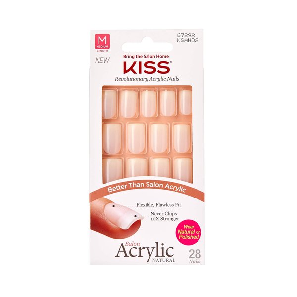 KISS Salon Acrylic Natural Nails, “Euphoria”, Medium Length, Ultra-Smooth Finish, DIY At-Home Manicure Kit with Pink Gel Nail Glue, Mini File, Manicure Stick, and 28 Nails in 14 sizes