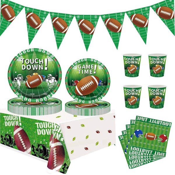 JQSSHXB Football Party Decorations Supplies Set for 24 People, Includes 48 Dinner Plate, 24 Cup, 24 Napkin, 1 Tablecloth, 1 Pennant, Perfect for Super Bowl Game Day Birthday Party(98 Pcs)