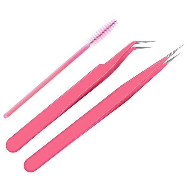 BlingKingdom Stainless Steel Eyelash Extension Tweezers Straight and Curved Tip Eyelash Tweezers for Eyelash Extension Applications with Eyelash Brush