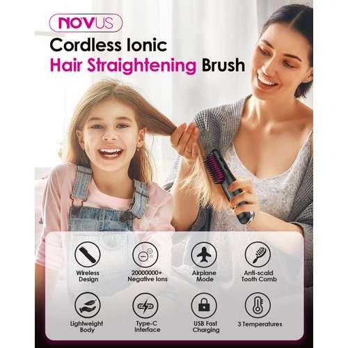 Porta Cordless Hair Straightener Brush, NOVUS Portable Straightening Brush for Travel, Mini Ionic Hot Comb Straightener for Women, Lightweight & Mini to Carry Out, USB Rechargeable, Anti-Scald