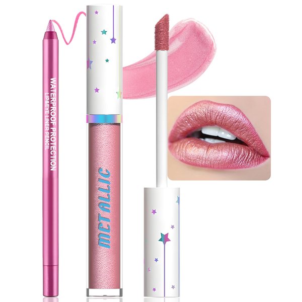 Wugbc Metallic Liquid Lipstick and Lip Liner Set, Shimmer Long Lasting Lip Gloss Stick, Glitter Non Stick Cup Pink Lip Color, Transfer Proof Full-Coverage Pearl Diamonds Shinning Makeup for Women